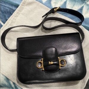 Vintage Celine Chic Black Leather Bag with Gold Accents